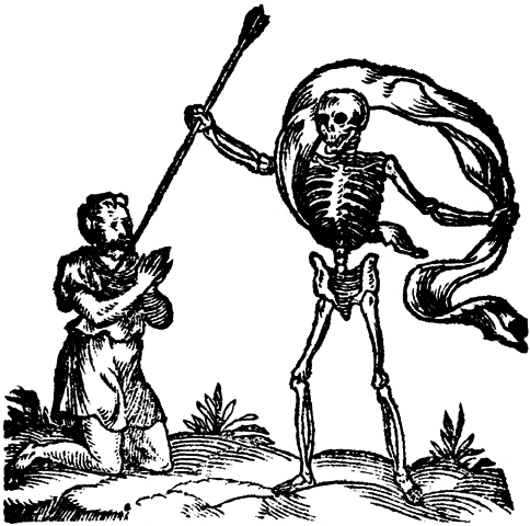 Na tomto obrázku by mohla být postava, která připomíná smrt, jak propichuje postavu, která by mohla být člověk, ale náš software pro rozpoznávání obrázků v tom nemá úplně jasno. Není to třeba něco úplně jiného? Mitochondrie nebo Ding an sich nebo tak něco?